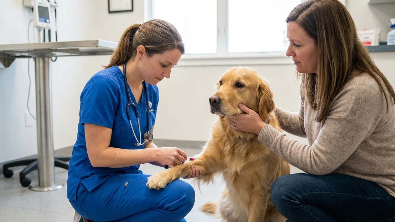 Weterynarz pobierający krew od psa do diagnostyki anemii w klinice weterynaryjnej