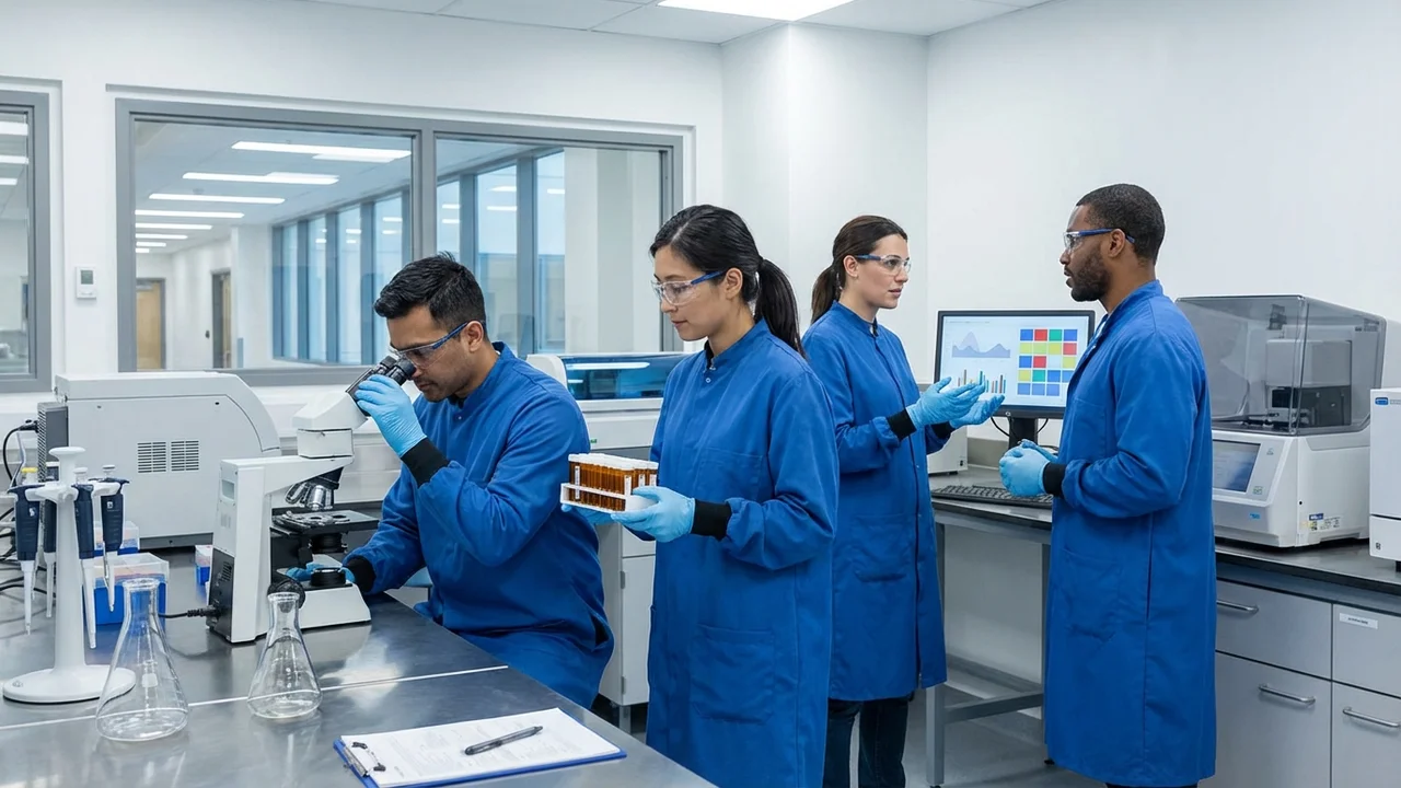 Zespół naukowców prowadzących badania kliniczne w nowoczesnym laboratorium farmaceutycznym