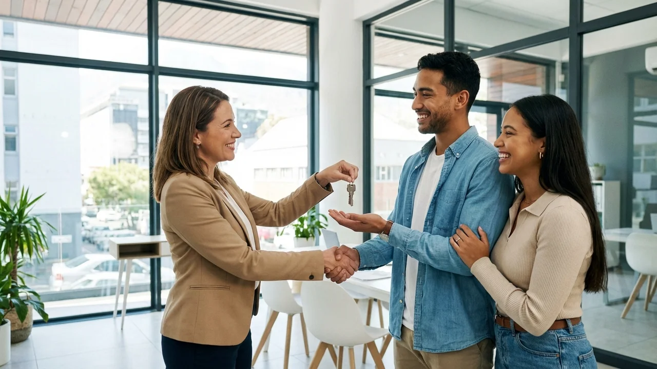 Agent nieruchomości wręczający klucze do nowego mieszkania szczęśliwej parze