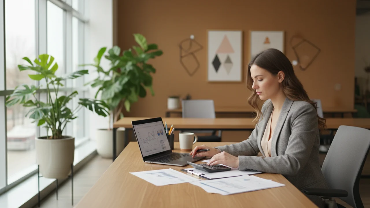 Księgowa pracująca przy biurku w nowoczesnym biurze rachunkowym z dokumentami finansowymi