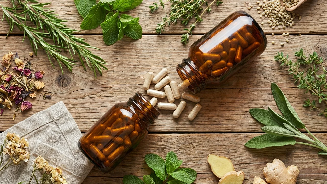 Kapsułki probiotyczne i suplementy diety na drewnianym stole — wsparcie leczenia boreliozy