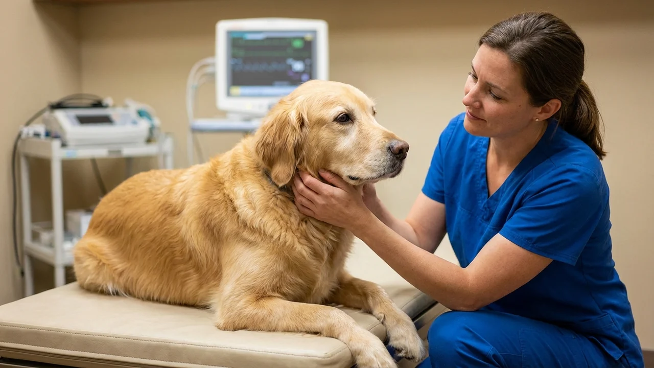 Weterynarz badający węzły chłonne spokojnego psa z USG w tle — diagnostyka chłoniaka