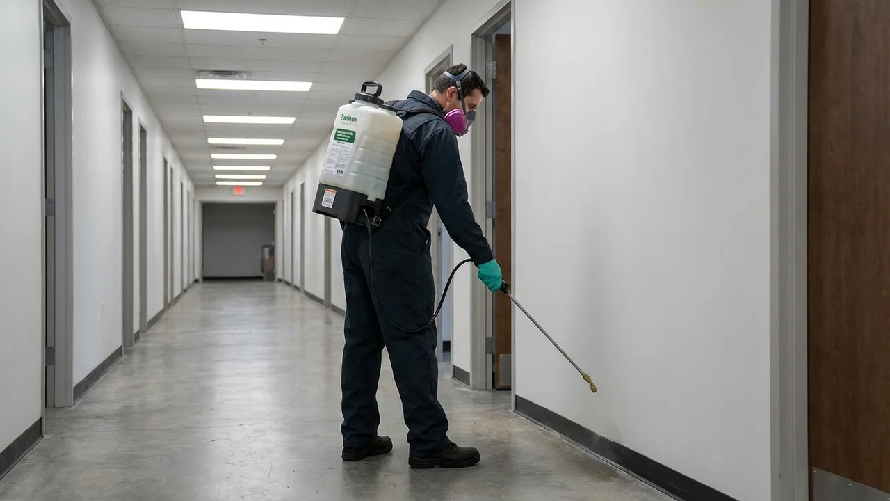 Technik DDD przeprowadzający dezynsekcję metodą opryskową w budynku komercyjnym