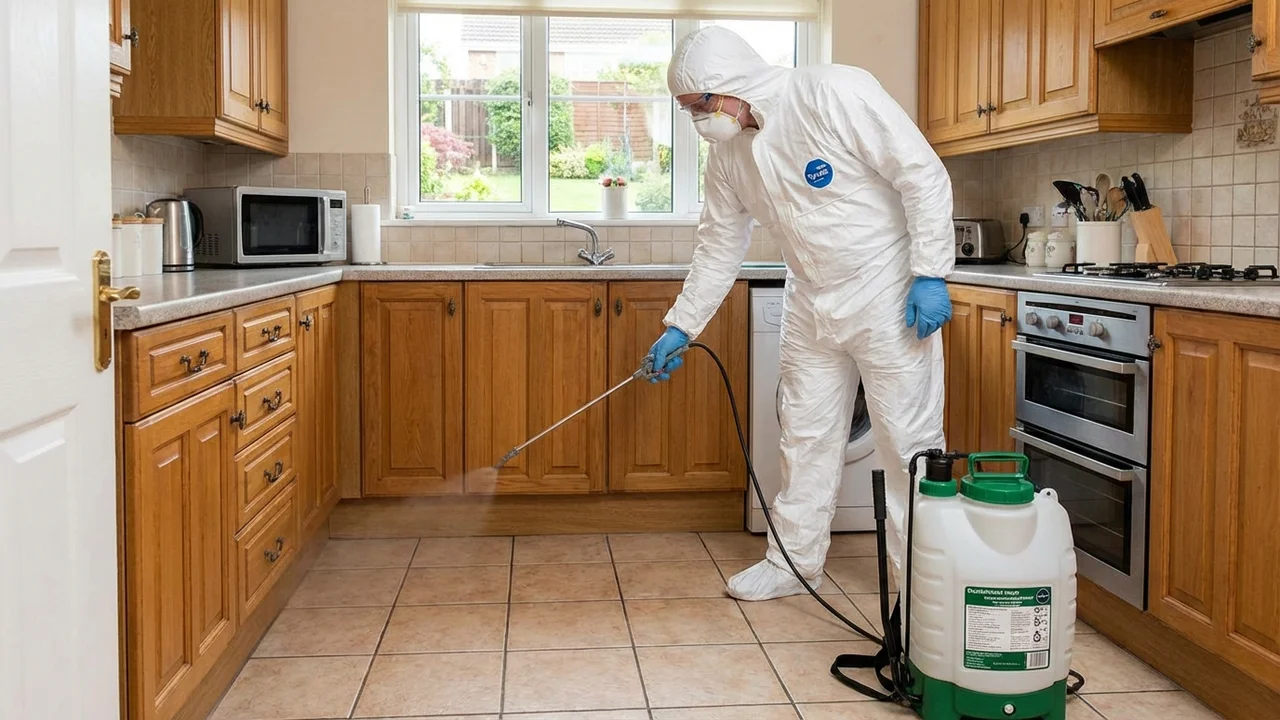 Pracownik firmy DDD w stroju ochronnym przeprowadzający profesjonalną dezynsekcję