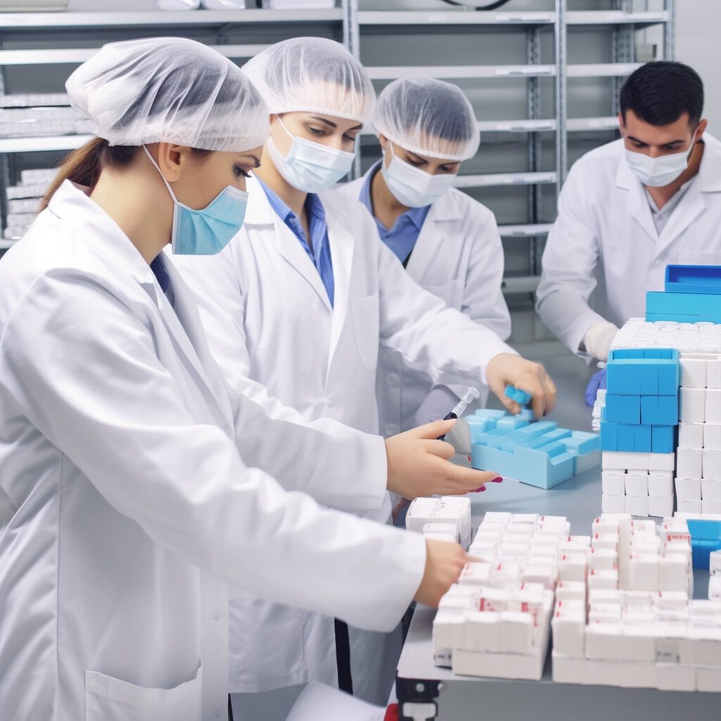Specjaliści w laboratorium dystrybucji farmaceutycznej