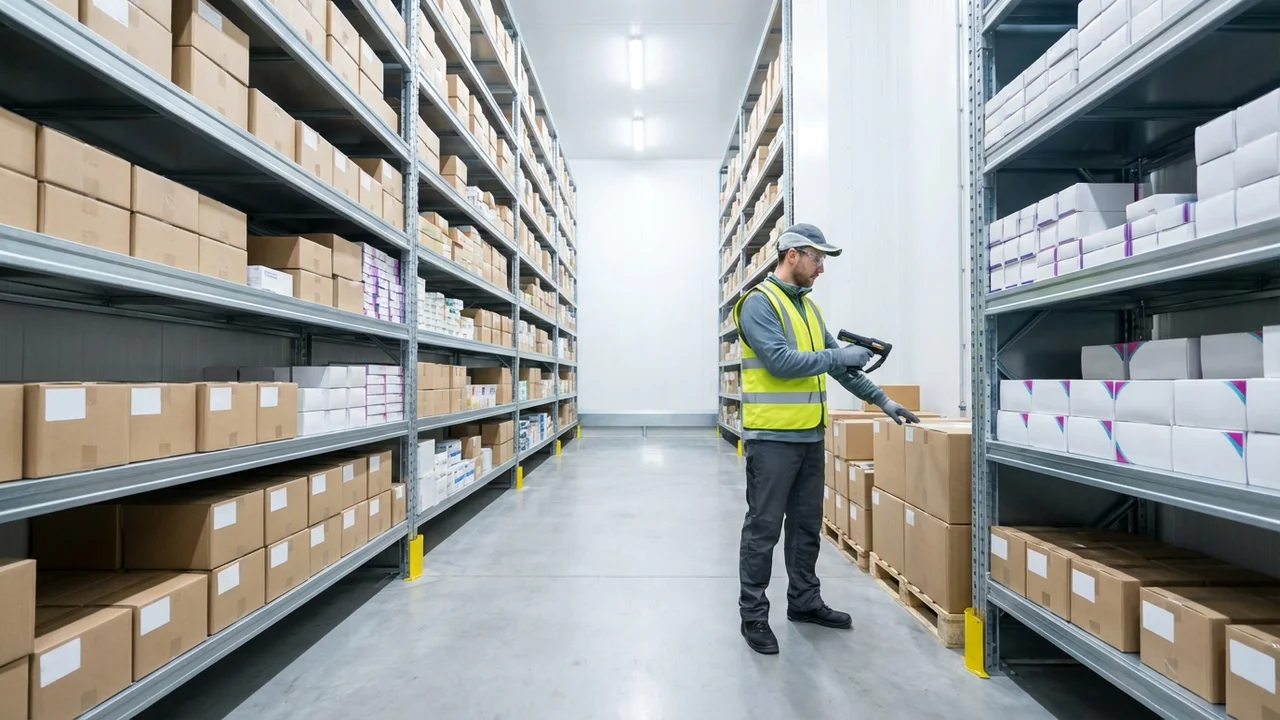 Regały z produktami leczniczymi w hurtowni farmaceutycznej kontrolowanej przez farmaceutę