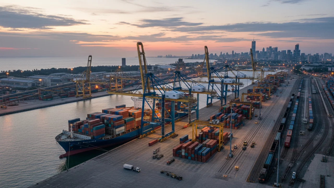 Kontenerowiec w porcie handlowym — import produktów farmaceutycznych z zagranicy