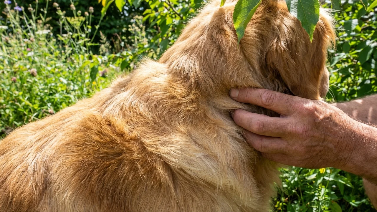 Właściciel psa sprawdzający sierść golden retrievera w poszukiwaniu kleszczy