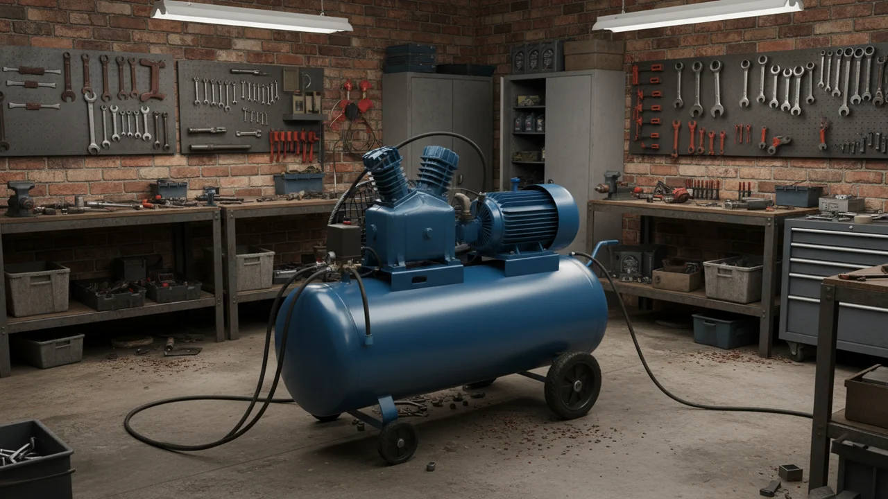 Kompresor olejowy w profesjonalnym warsztacie samochodowym z narzędziami pneumatycznymi