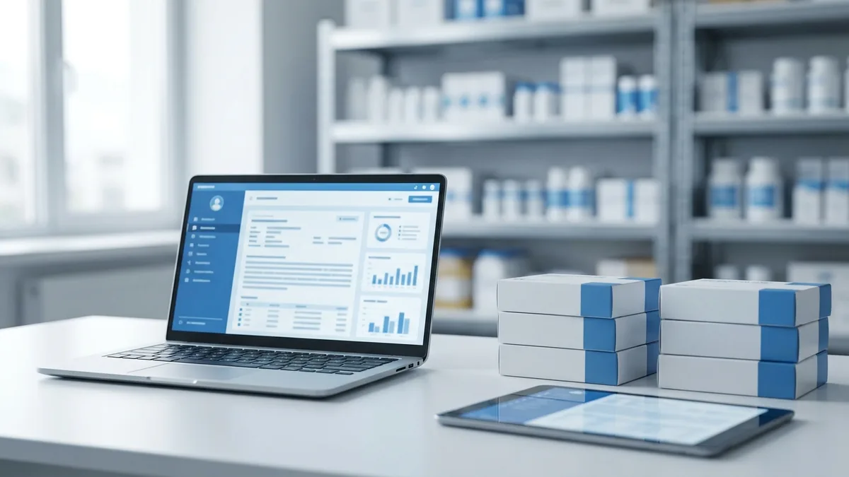 Cyfrowe fakturowanie w branży farmaceutycznej — laptop z e-fakturą obok opakowań leków w magazynie
