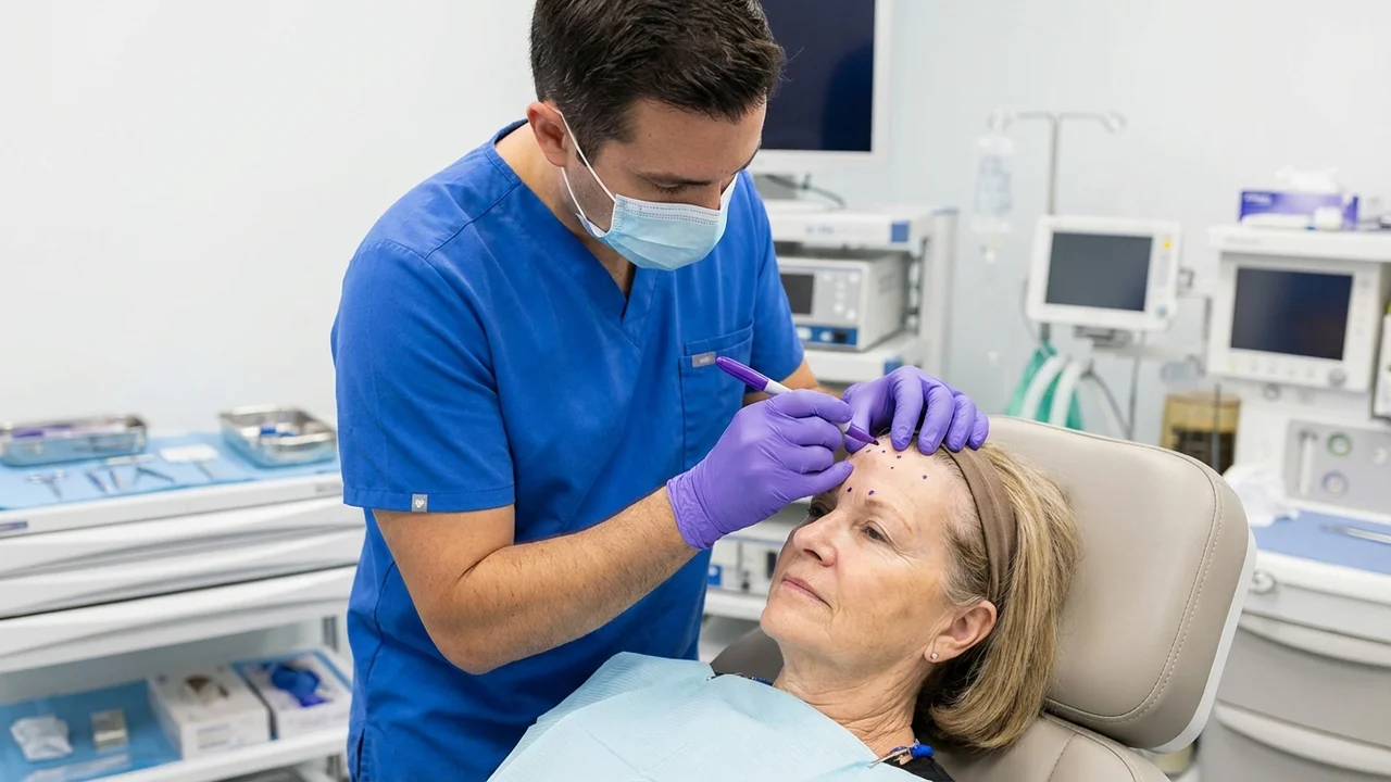 Lekarz oznaczający markery na czole pacjentki przed zabiegiem liftingu brwi