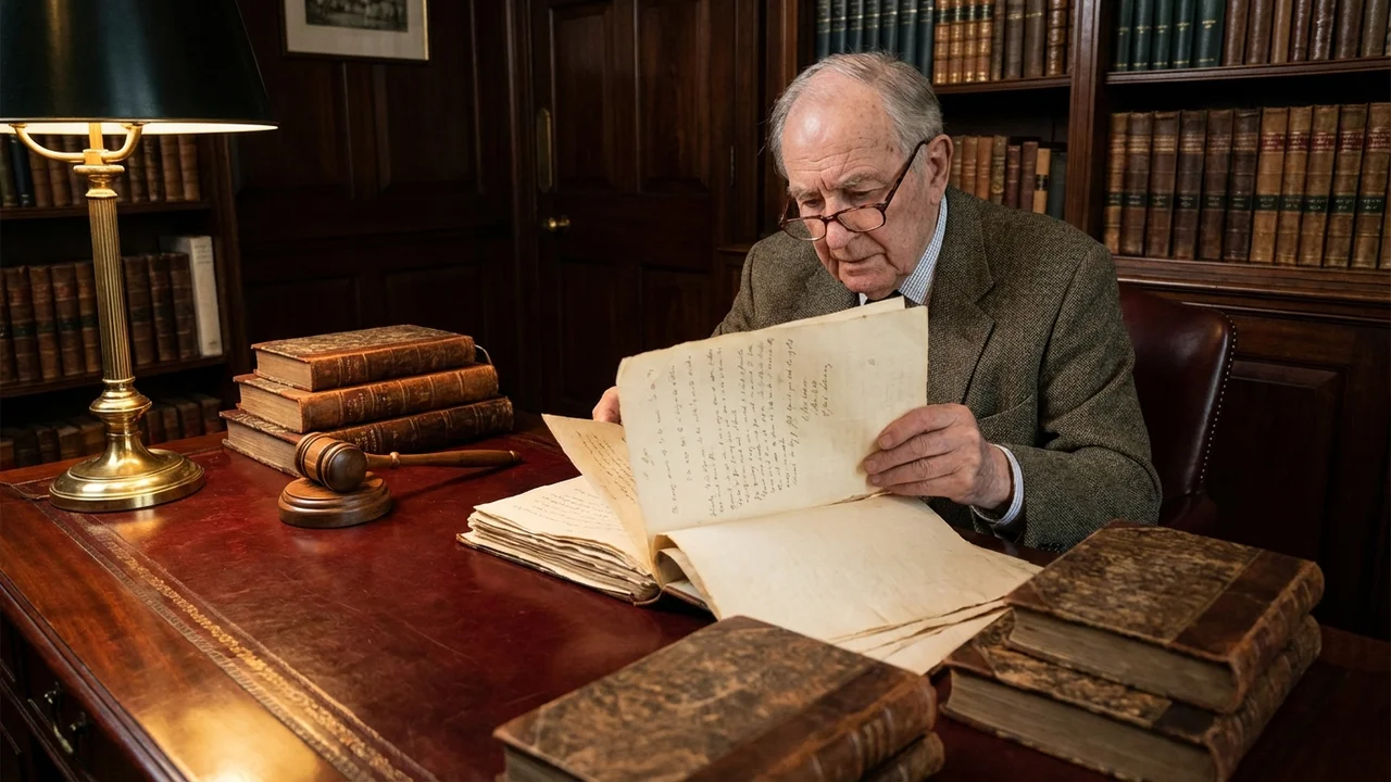 Notariusz przy biurku z dokumentami prawnymi, pieczęcią i okularami do czytania