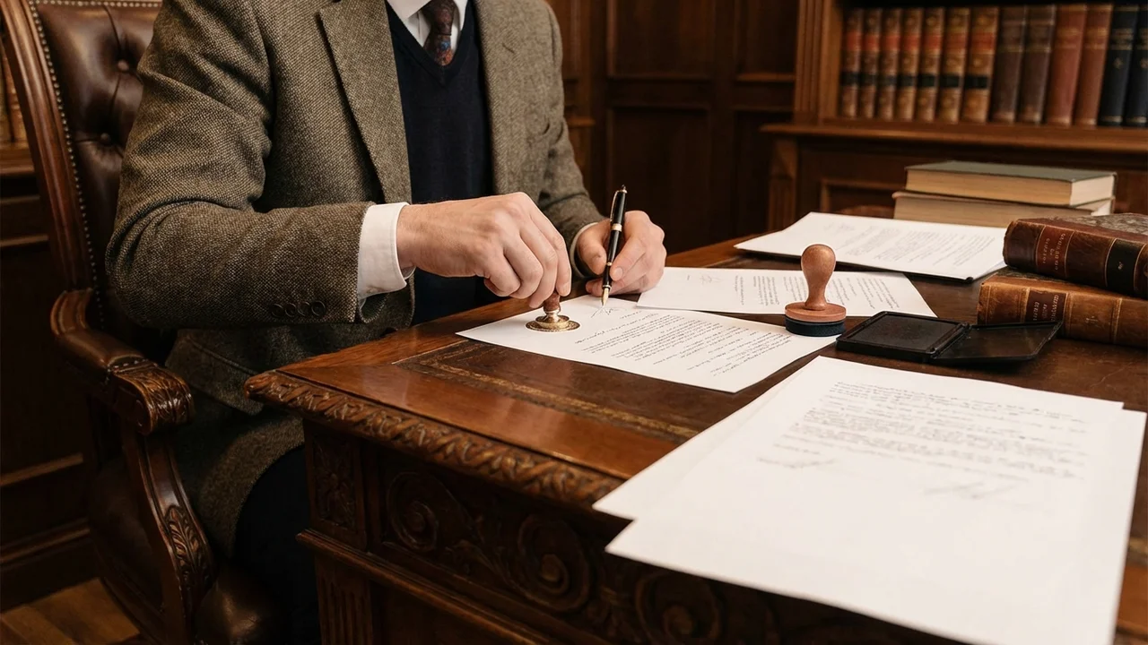 Notariusz poświadczający dokumenty prawne pieczęcią w kancelarii notarialnej