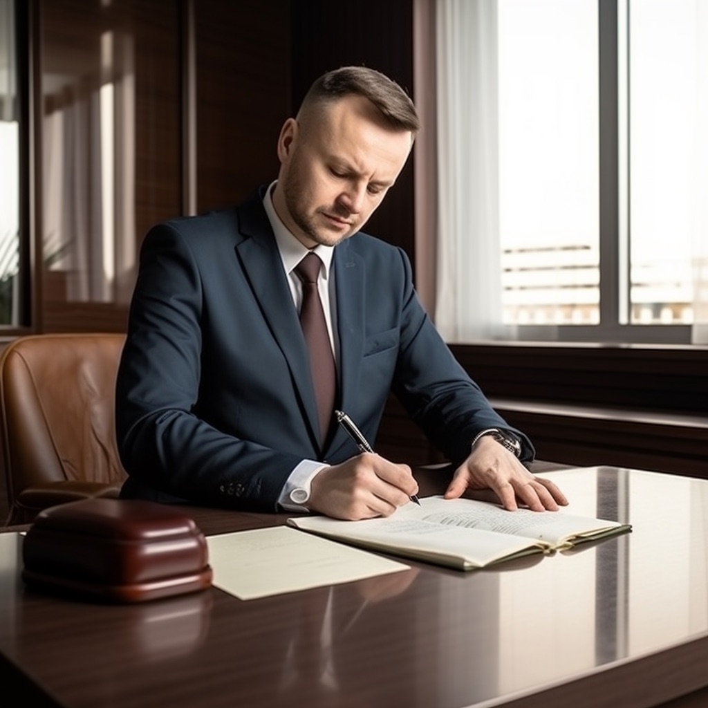 Notariusz podpisujący dokument urzędowy w kancelarii