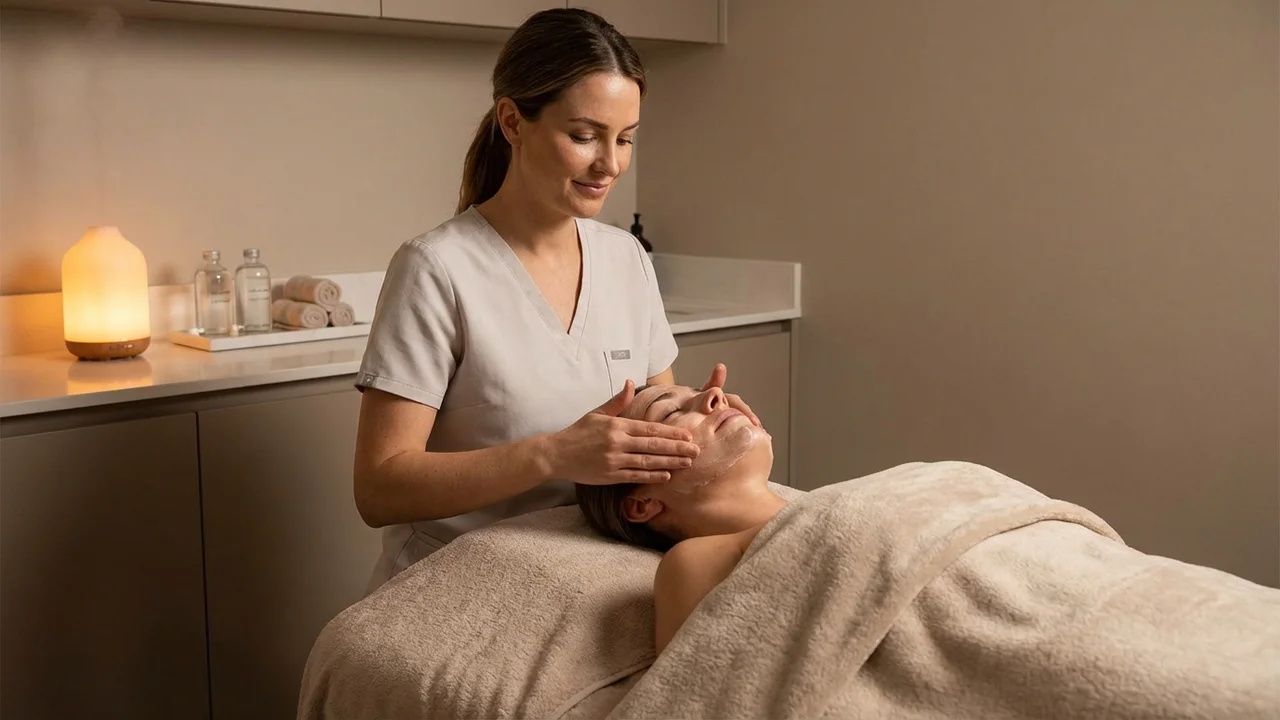 Delikatny zabieg onkokosmetologiczny na twarzy pacjentki w gabinecie medycznym