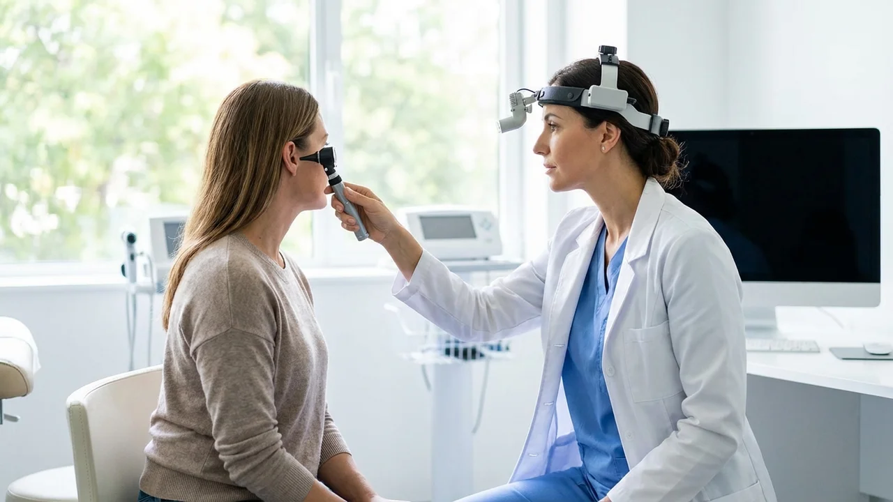 Chirurg plastyczny badający ucho pacjenta podczas konsultacji przed otoplastyką