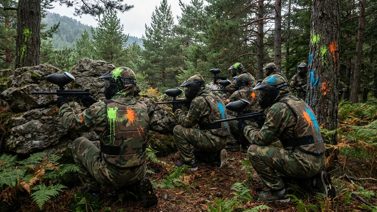 Gracze paintball w akcji w górskim lesie na Podhalu w okolicy Zakopanego