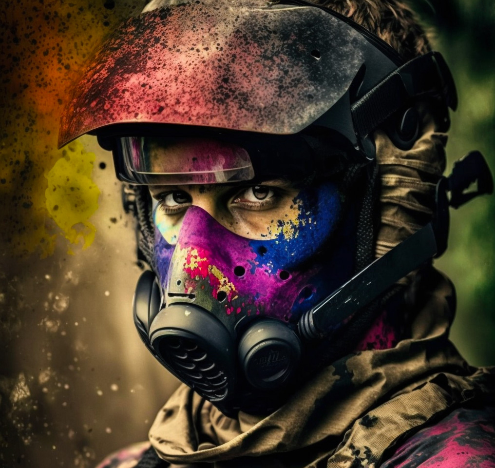Gracz paintball w masce ochronnej podczas rozgrywki