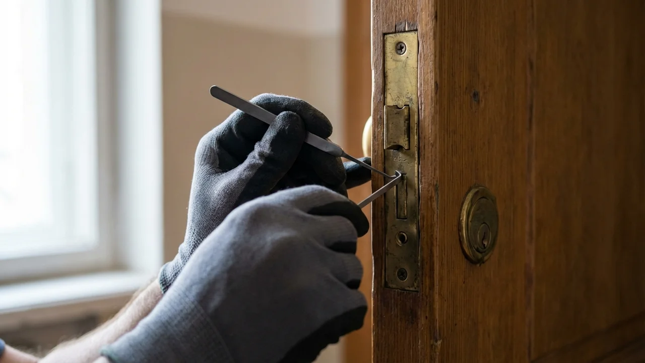 Profesjonalny ślusarz otwierający zamek w drzwiach mieszkania narzędziami specjalistycznymi