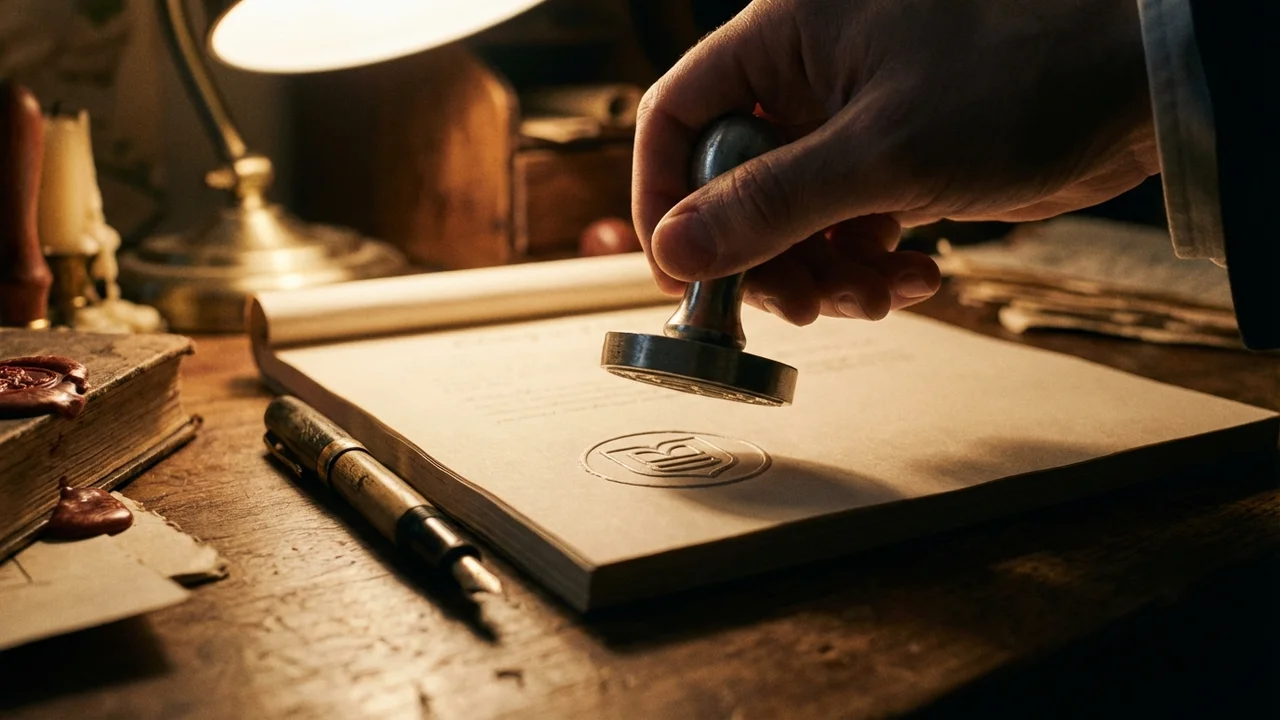 Pieczęć notarialna na dokumencie urzędowym obok pióra wiecznego