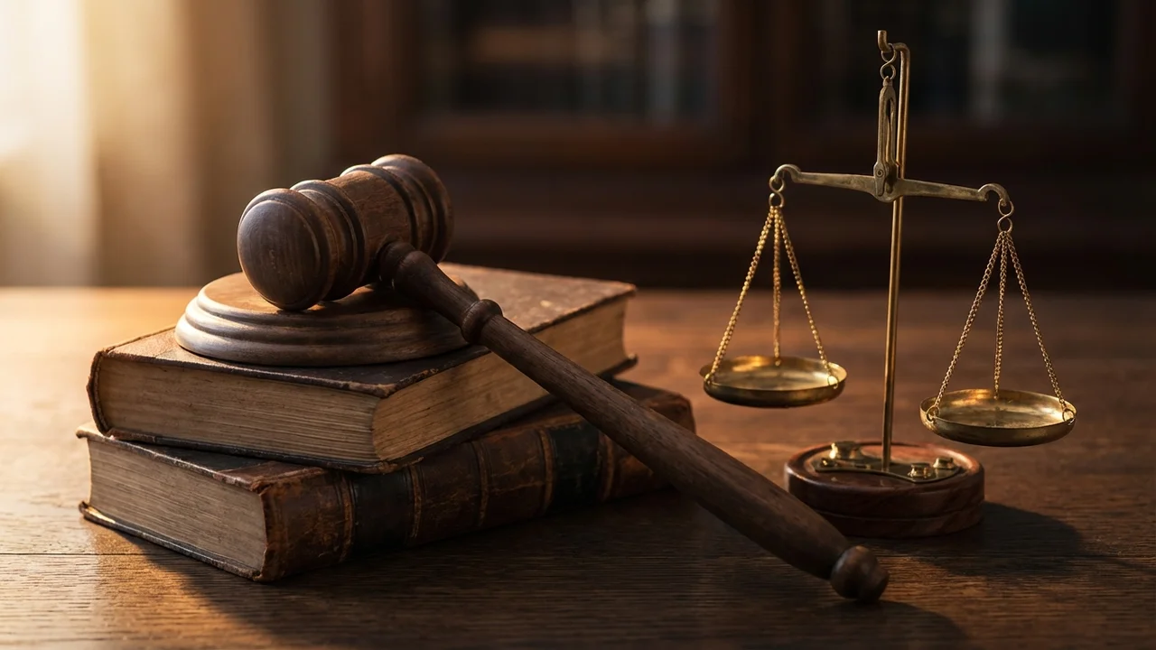 Młotek sędziowski i kodeks prawny na biurku — symbole wymiaru sprawiedliwości