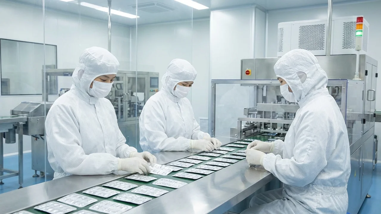 Pracownicy farmaceutyczni przepakowujący leki w sterylnym pomieszczeniu clean room