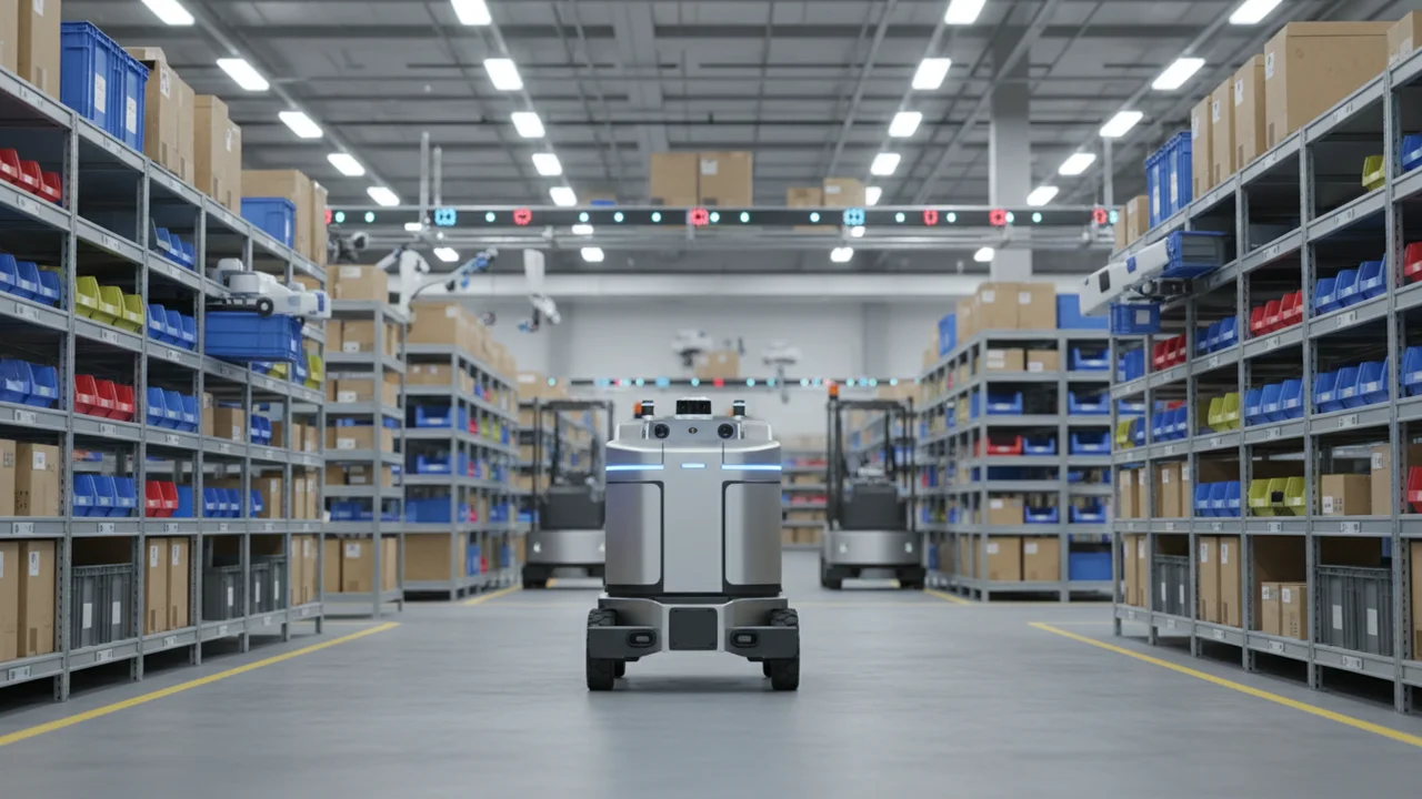 Robot AGV transportujący ładunek w zautomatyzowanym magazynie logistycznym