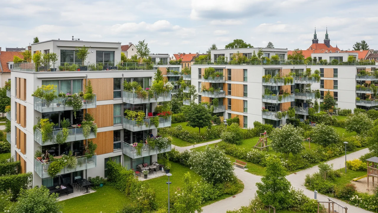Nowoczesne osiedle mieszkaniowe z zielonymi terenami — rynek pierwotny nieruchomości