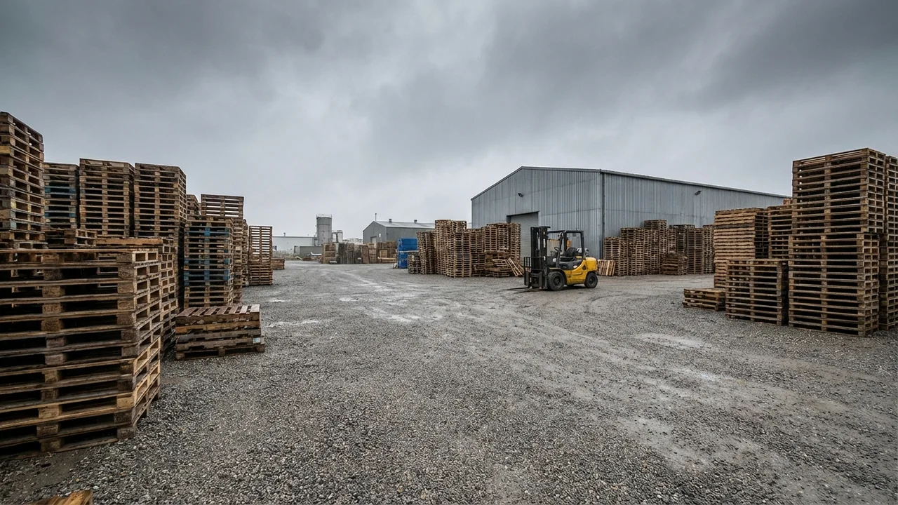 Stos palet drewnianych na placu skupu w Mińsku Mazowieckim z wózkiem widłowym