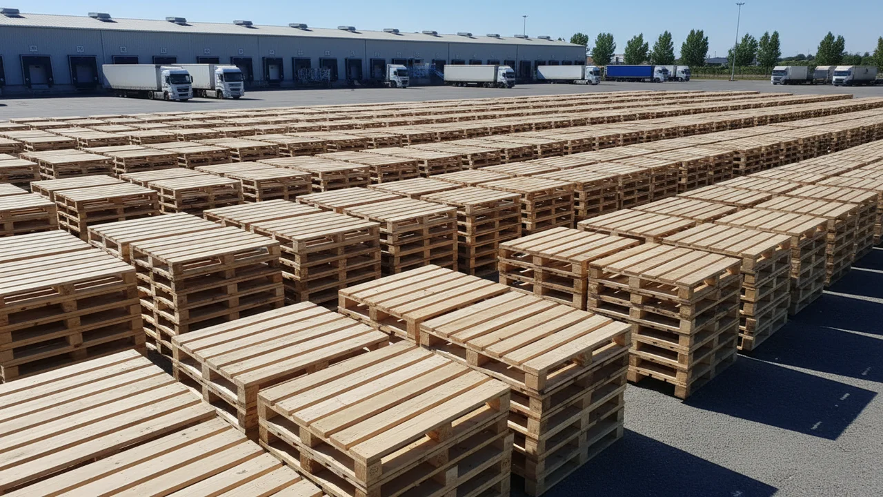 Rzędy nowych palet drewnianych EUR przygotowanych do sprzedaży hurtowej