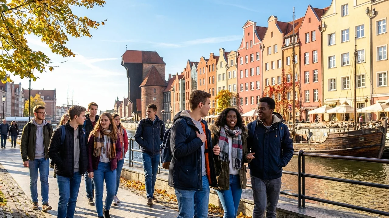 Studenci spacerujący wzdłuż gdańskiego Starego Miasta z zabytkowymi kamienicami