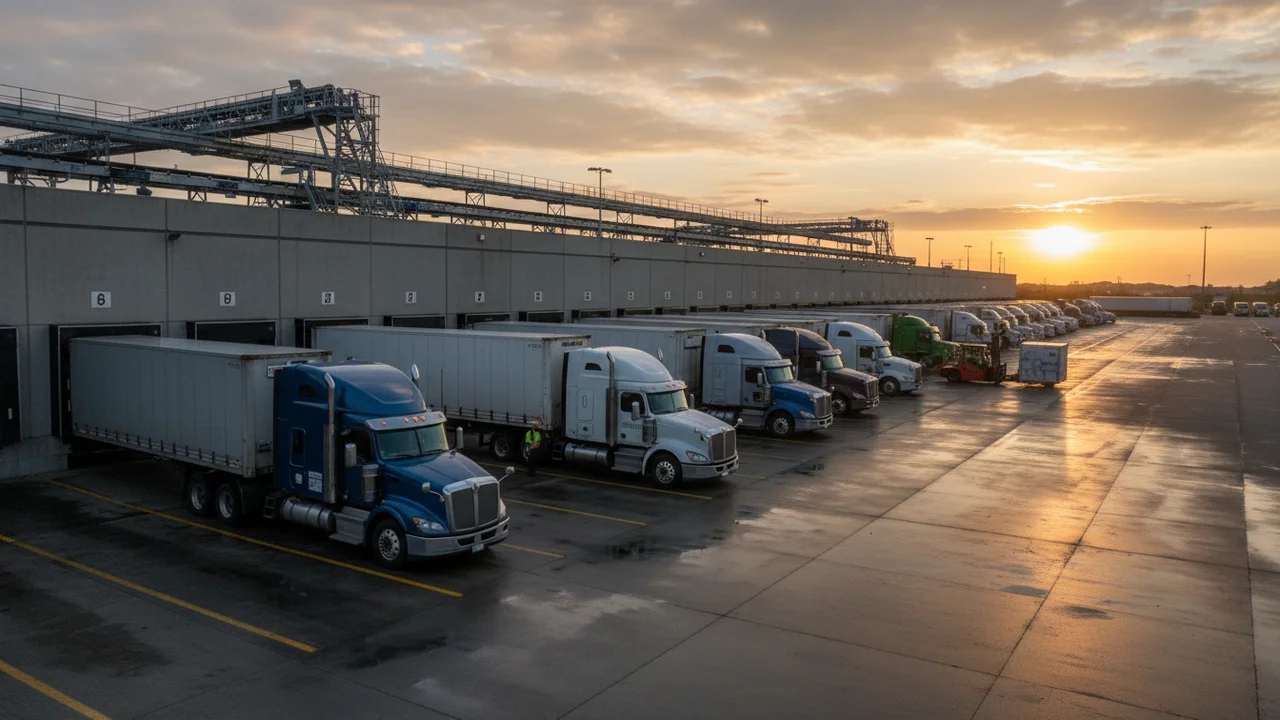 Flota ciężarówek na terminalu spedycyjnym podczas załadunku towarów