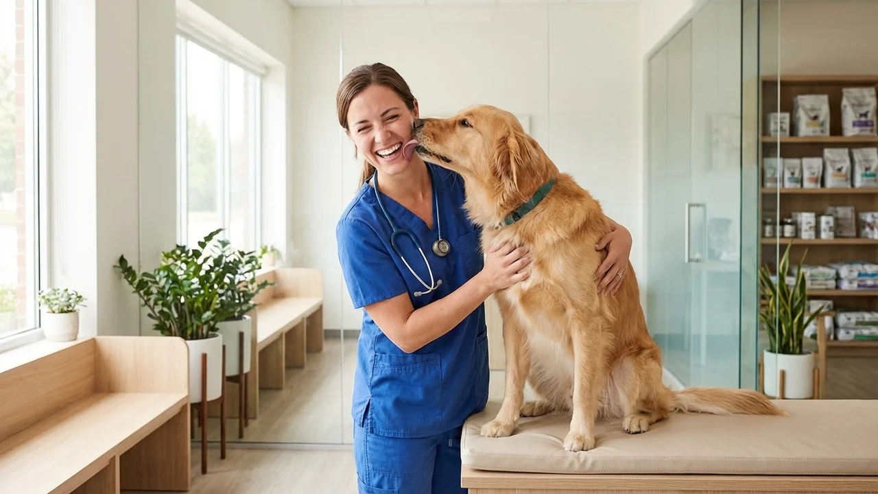 Weterynarz badający psa stetoskopem w gabinecie weterynaryjnym w Pruszczu Gdańskim