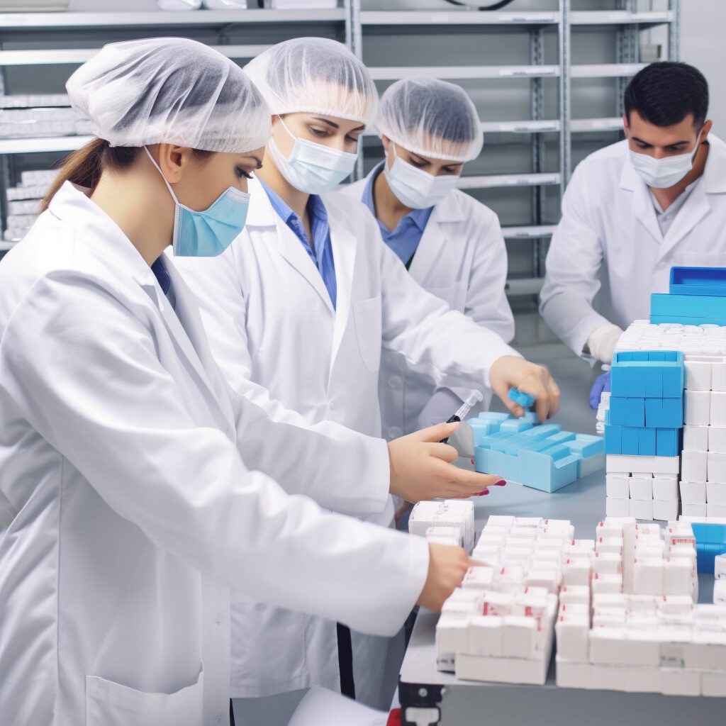 czterek specjalistów w laboratorium przepakowujący leki